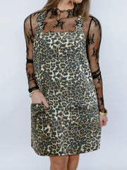 Leopard Print Denim Overall Dress