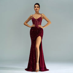 Spaghetti Straps Sequin Slit Maxi Dress