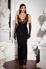 MARIAN GORGEOUS DEEP V NECK MAXI DRESS-BLACK