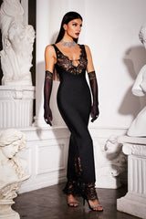 MARIAN GORGEOUS DEEP V NECK MAXI DRESS-BLACK