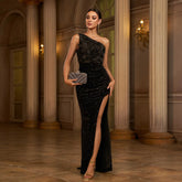 Alana One‑Shoulder Sequined Sheath Slit Maxi Dress