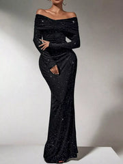 Off-Shoulder Glitter Evening Maxi Dress