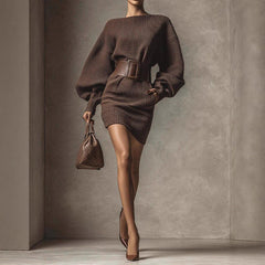 Chic Belted Long Sleeve Brown Bodycon Mini Dress