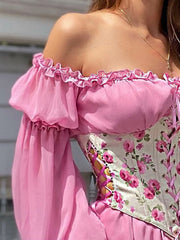 Floral Lace Up Long Sleeve Mini Dress
