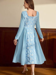 Flower Square Neck Long Sleeve Dress