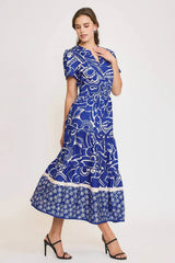 Umgee Full Size Printed Notched Short Sleeve Tiered Dress Plus Size