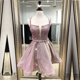 Glittering Starry-Effect A-line Rose Mini Homecoming Dress with Spaghetti Straps, HD001