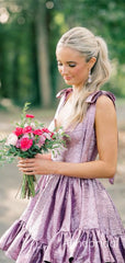 Purple Square Ruffles A-line Short Homecoming Dress with Tie Shoulder, HC382289