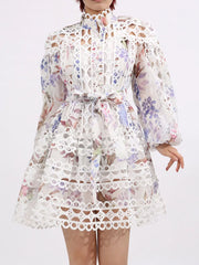 Lace Eyelet Mini Dress with Balloon Sleeves