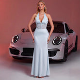 YELUS HALTER MESH BACKLESS MAXI DRESS