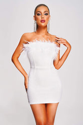 Peira Sequin Feather MIni Dress-White