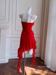 Sexy Spaghetti Straps Rufflles Asymmetrical Streamers A-line Red Chiffon Mini Homecoming Dress, PD382259