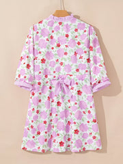 Floral Print Striped Trim Frilled Neck 3/4 Sleeve Flared Mini Dress