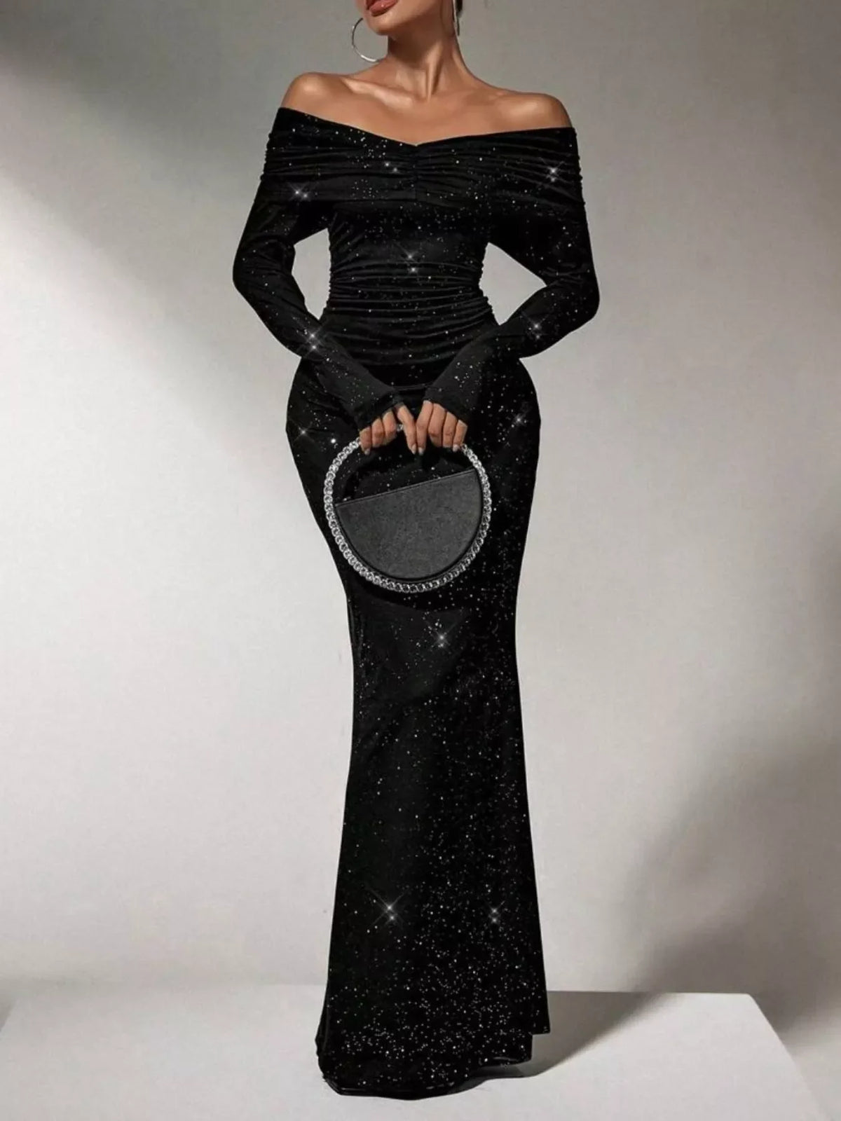 Off-Shoulder Glitter Evening Maxi Dress