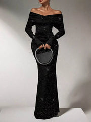 Off-Shoulder Glitter Evening Maxi Dress