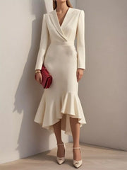 Ruffled Hem Long Sleeve Midi Blazer Dress