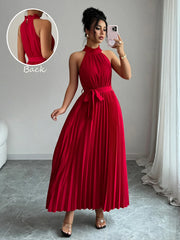 Pleated Halter Neck Tie Waist Maxi Dress