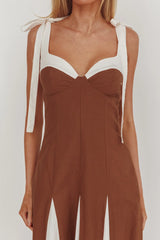 Marisa Tied Shoulder Godet Hem Maxi Dress Contrast Chocolate