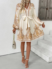 Printed Tie Waist Long Sleeve Dress