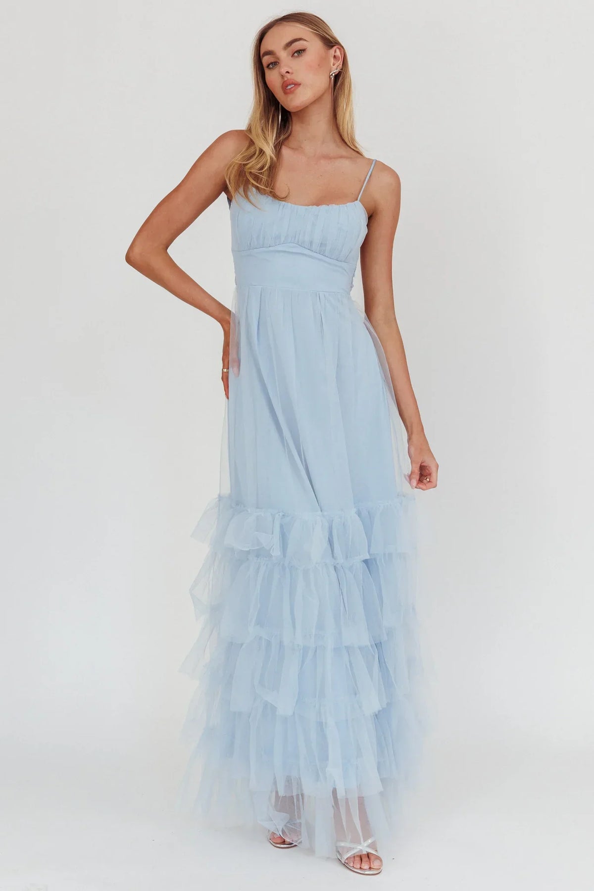 Nerida Twist Back Frill Trim Mesh Maxi Dress Steel Blue
