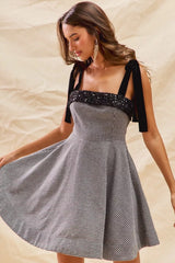 SO ME Houndstooth Fit Flare Mini Dress with Shoulder Tie
