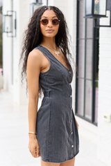 Strike A Chord Black Wash Denim Button Front Dress