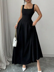 Sleeveless A-Line Maxi Dress with Square Neckline