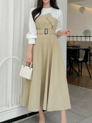 Contrast Long Sleeve Midi Dress with Belted