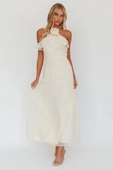 Cordially Invited Ruffle Neckline Rosette Maxi Vanilla