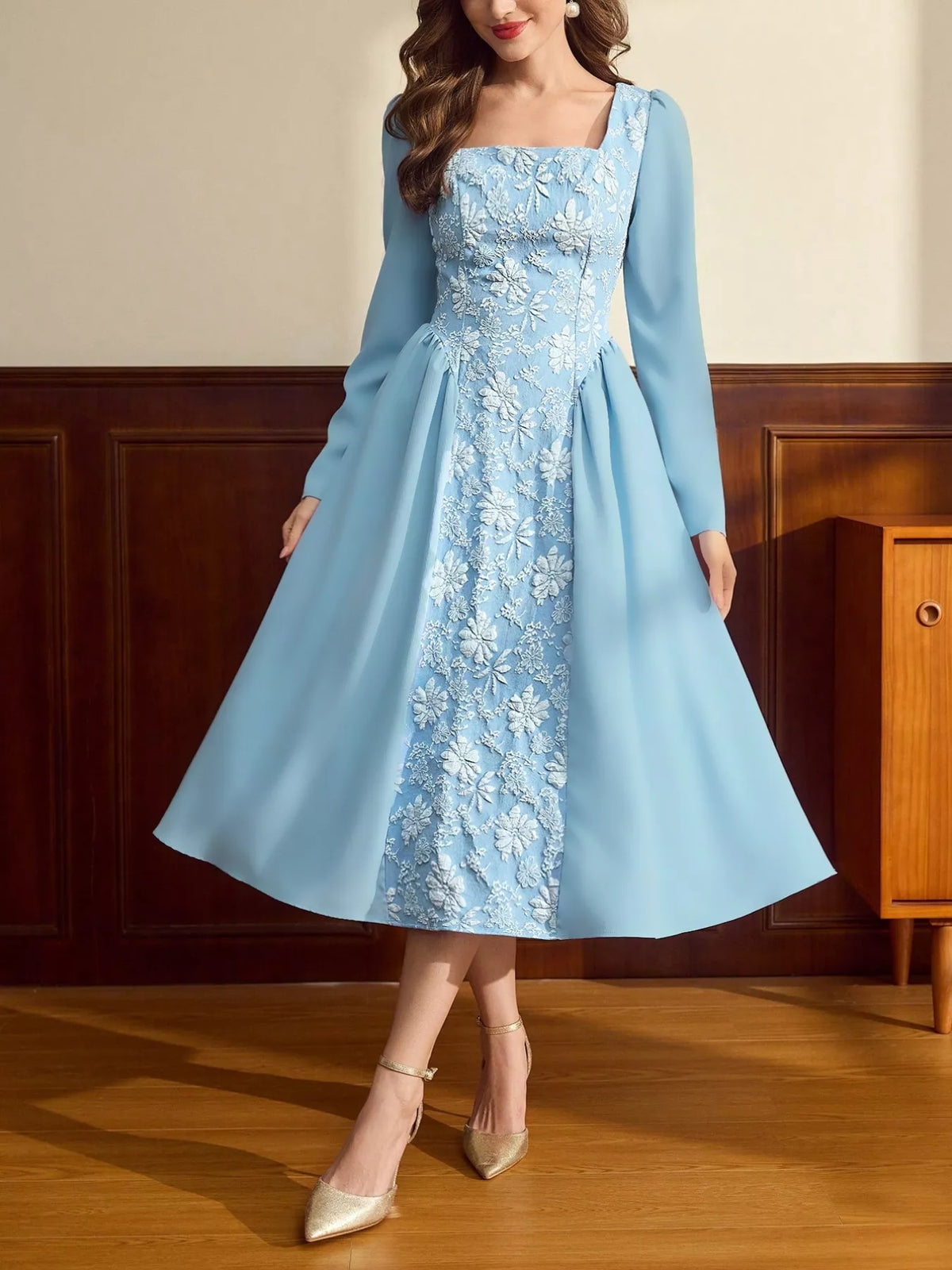 Flower Square Neck Long Sleeve Dress