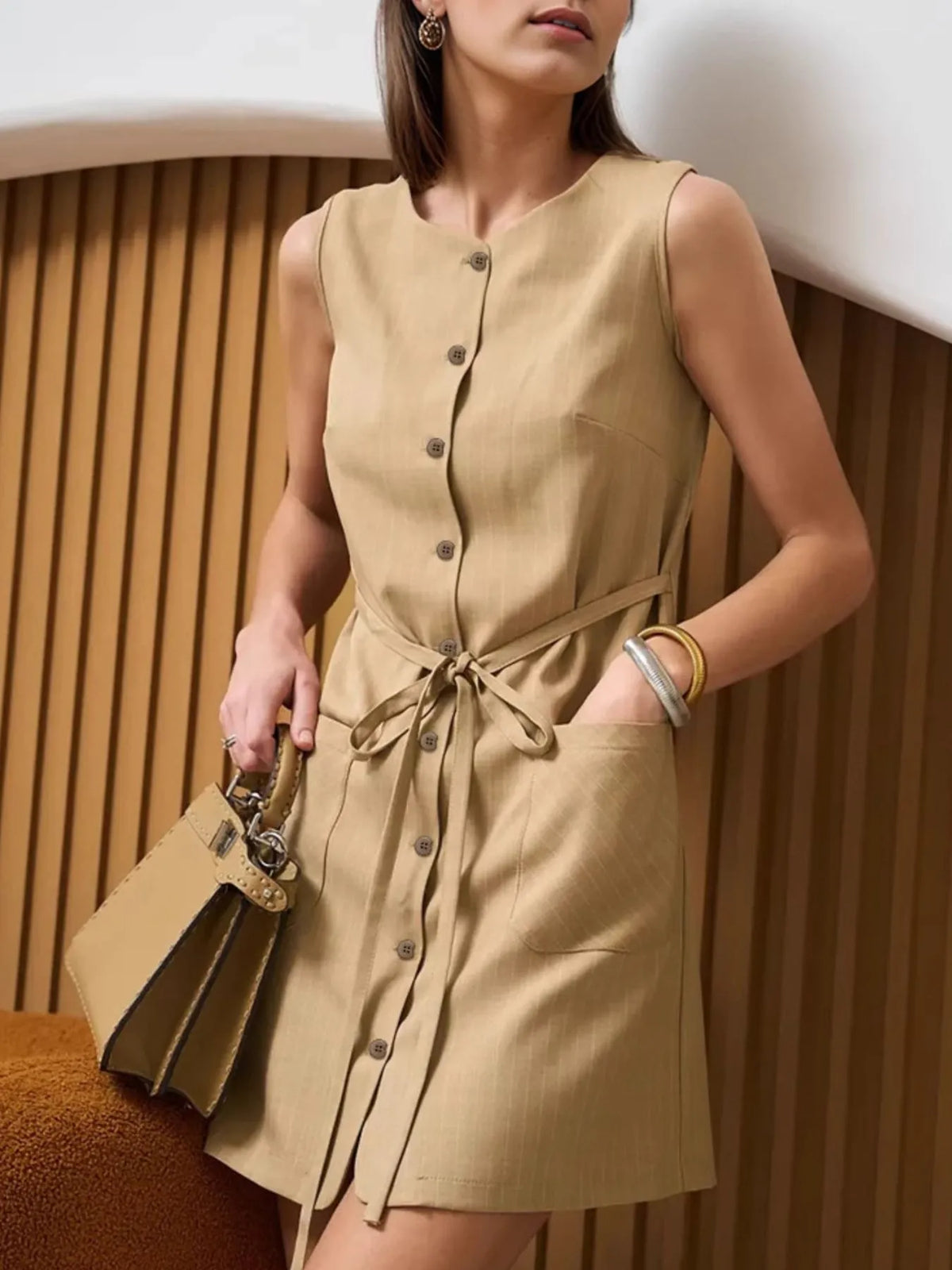 Button-Front Sleeveless Mini Dress with Tie Waist