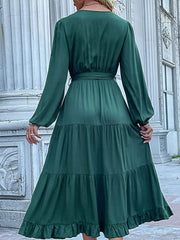 Ruffled Hem V-Neck Balloon Sleeve Dress