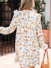 Floral Print Tie Neck Frilled Detail Long Sleeve Mini Dress