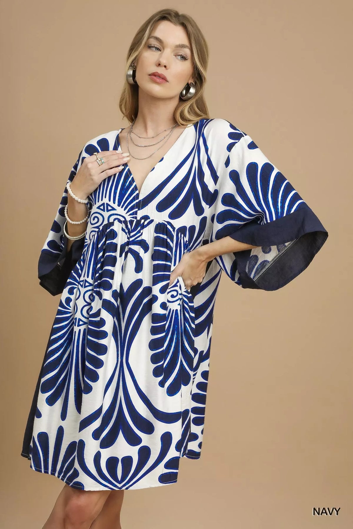 Umgee Abstract Print Kimono Sleeve Mini Dress