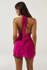 LINA HALTER DRAPED MINI DRESS - BERRY