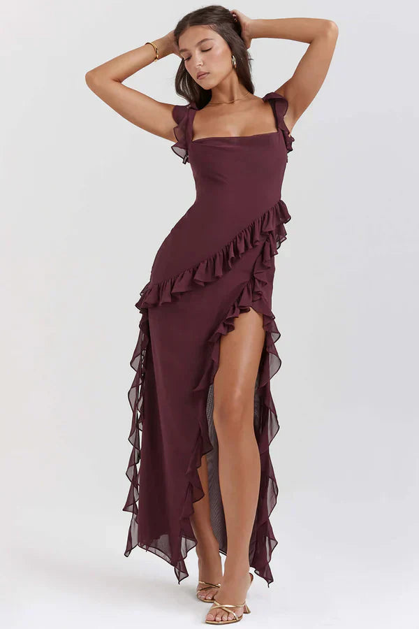 Split Ruffled Square Neck Maxi Dress