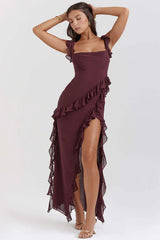 Split Ruffled Square Neck Maxi Dress