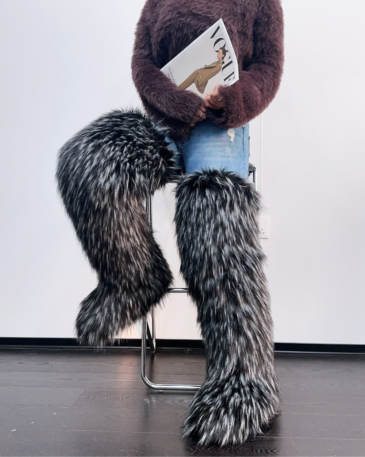 Dora Faux Fur Thigh Boots In Black & Grey