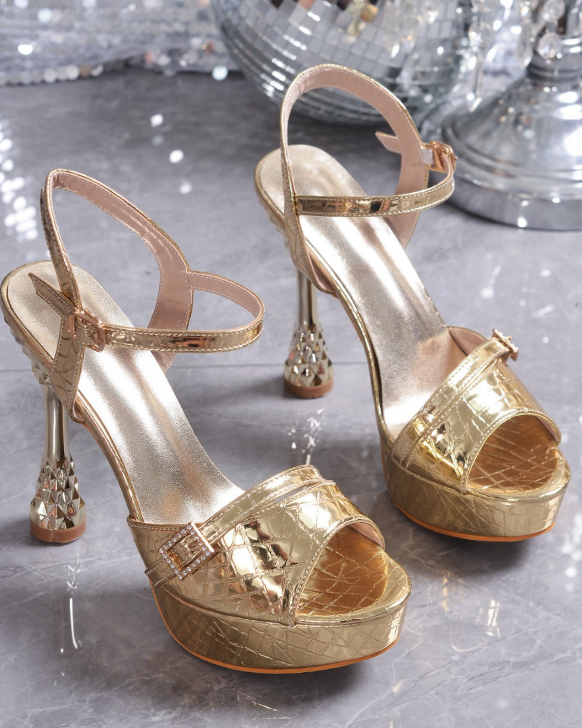 Eleni Texture Platform Flared Heel Sandals In Gold