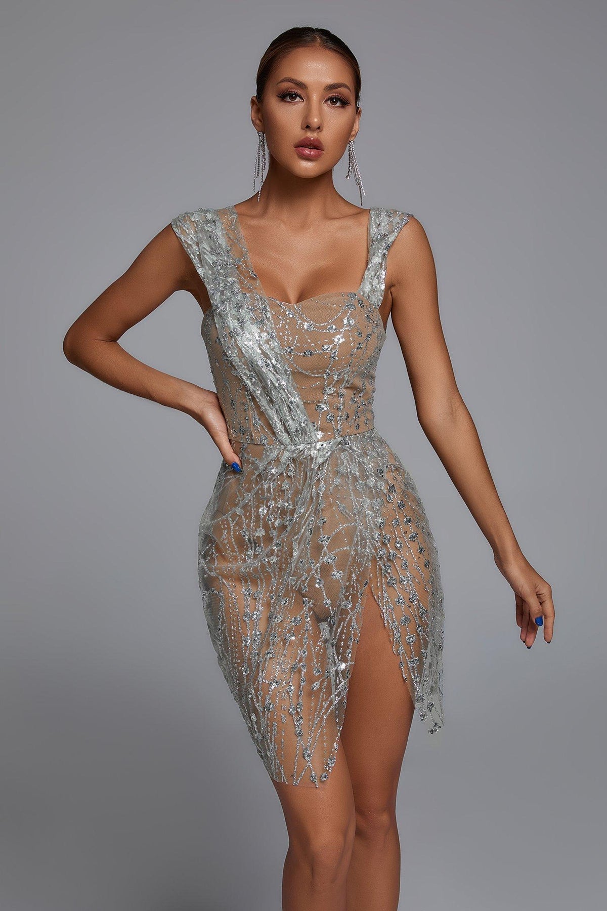 Ashua Off Shoulder Sequin Sheer Mini Dress-Silver