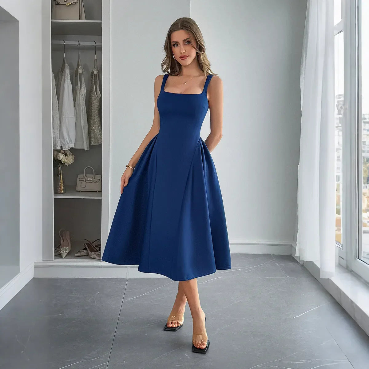 Square Neck Wide Strap Midi Dress
