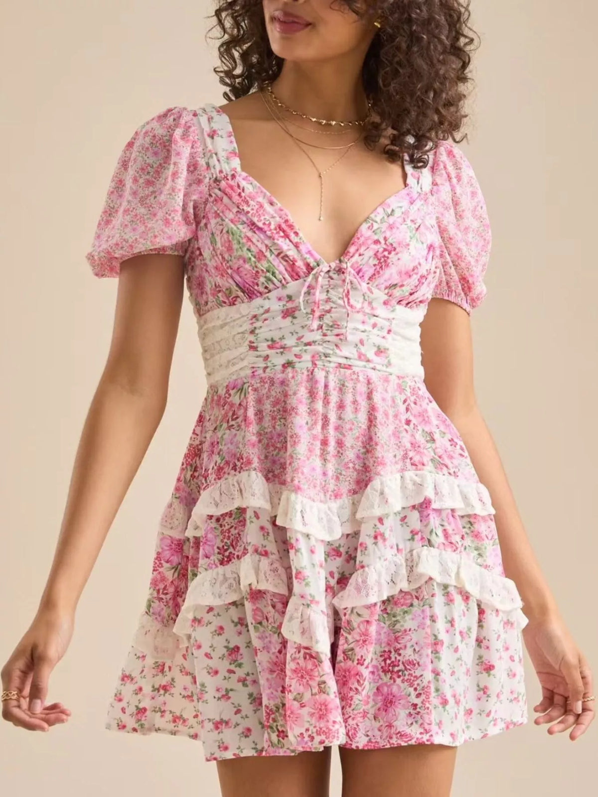 Floral Puff Sleeve Tiered Mini Dress