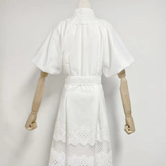V-neck Puff Sleeve Belt Waist  Mini Dress