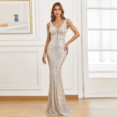 Sequin Bead Fishtail Evening Dress