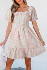 Floral Puff Sleeve Square Neck Knotted Open Back Ruffled Mini Dress