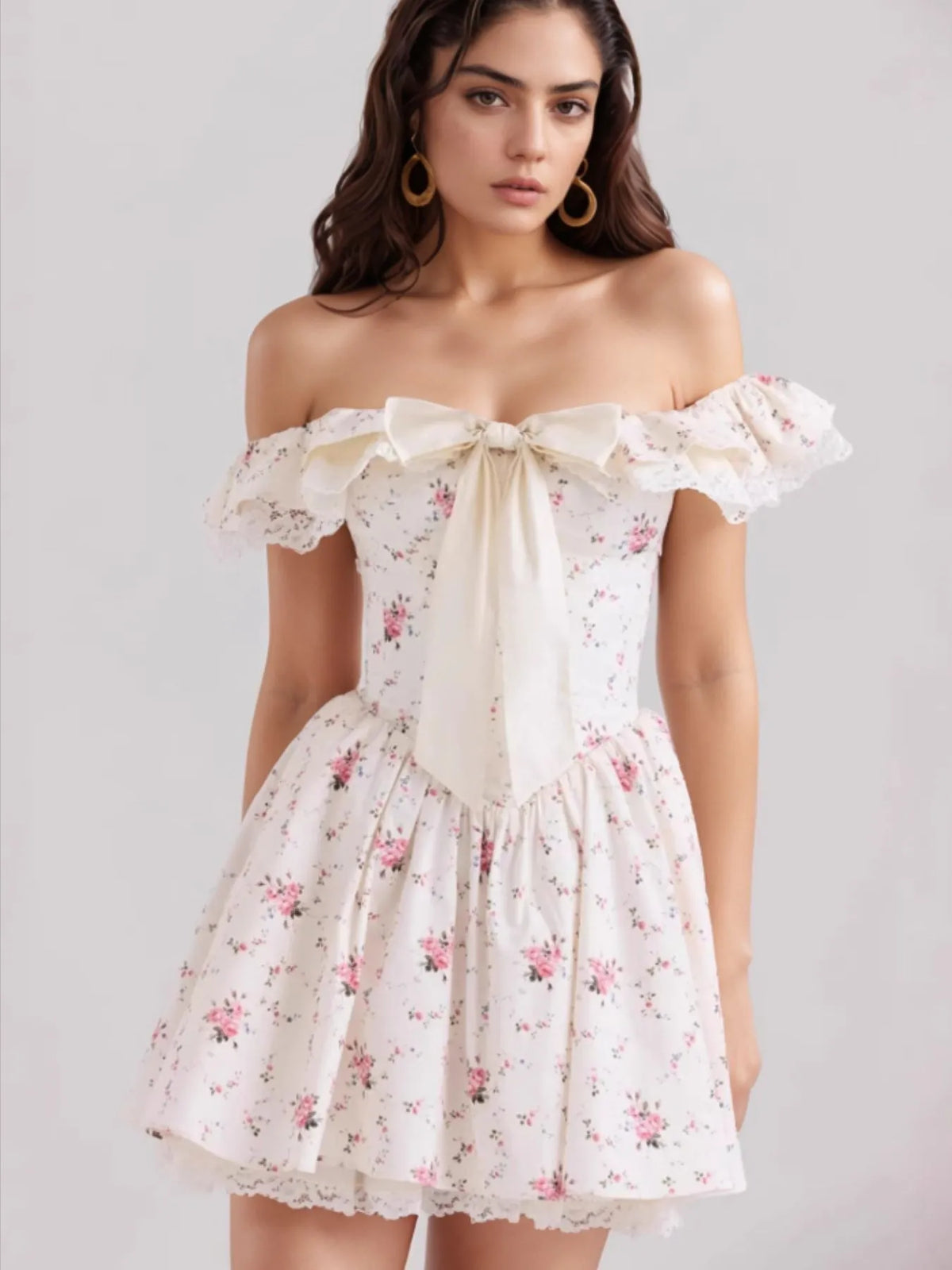 Off-Shoulder Floral Lace Trim Mini Dress