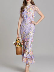 Floral Embroidered Mesh Overlay Maxi Dress