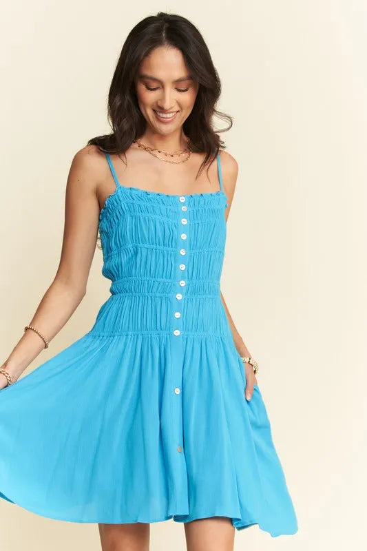 Davi & Dani Smocking Bodice Sleeveless Button Down Mini Dress