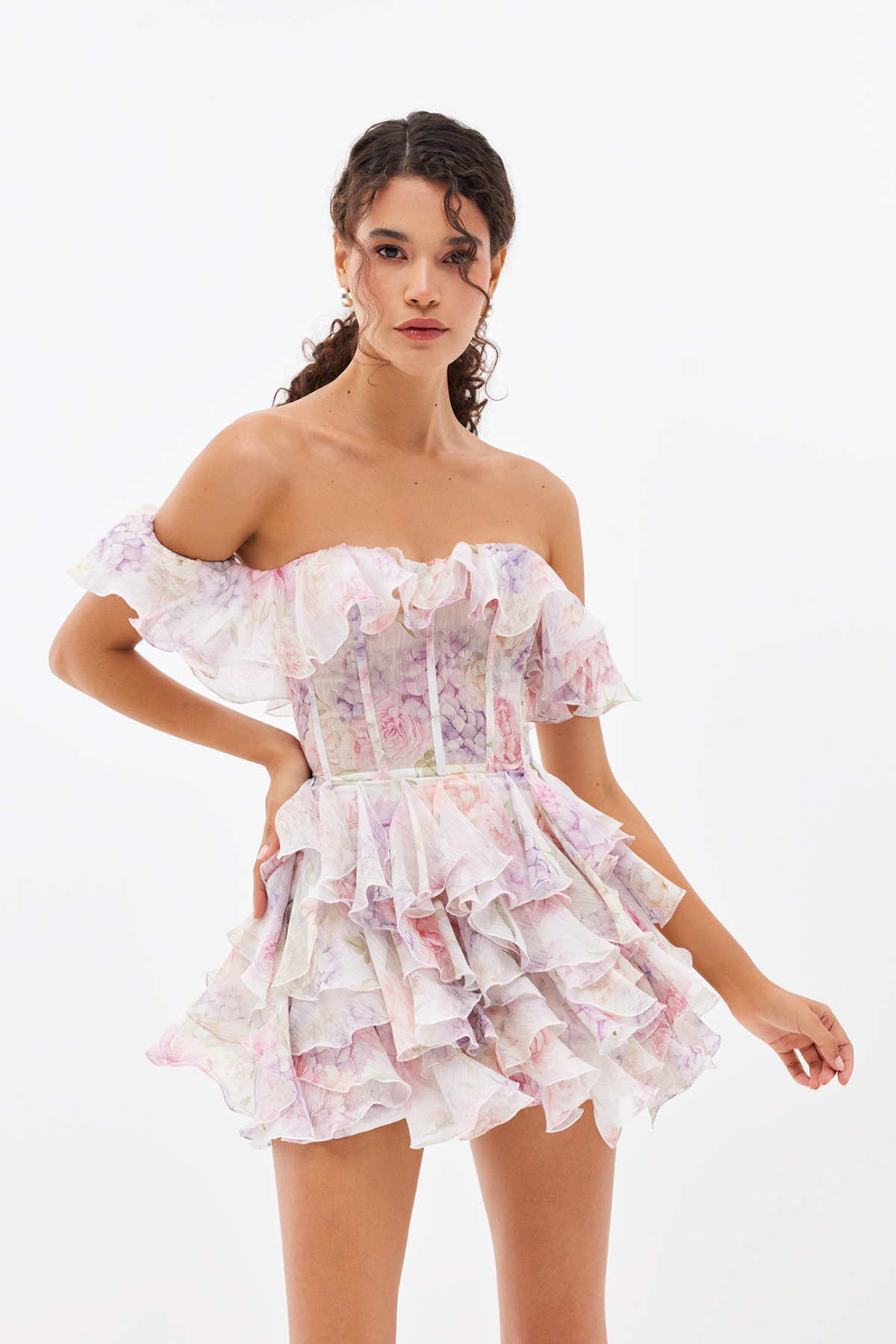 Carena off-shoulder mini stacked ruffled corset dress